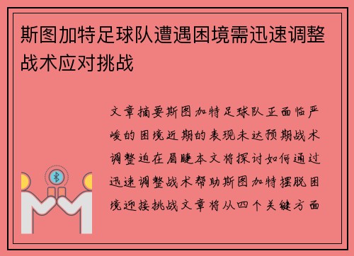 斯图加特足球队遭遇困境需迅速调整战术应对挑战