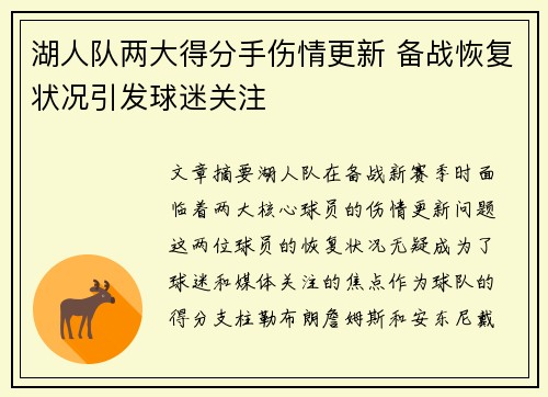 湖人队两大得分手伤情更新 备战恢复状况引发球迷关注