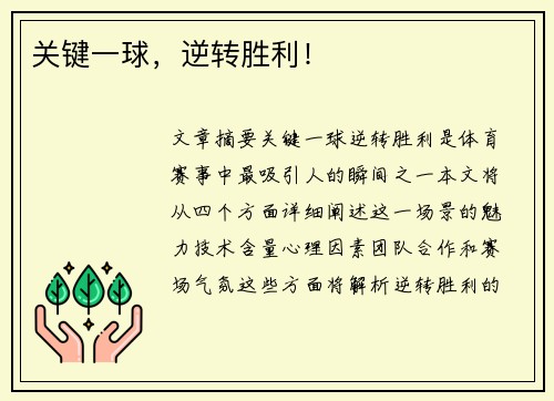 关键一球，逆转胜利！