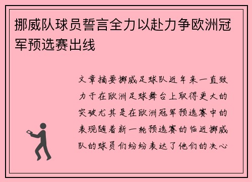 挪威队球员誓言全力以赴力争欧洲冠军预选赛出线