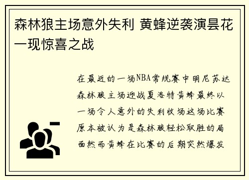 森林狼主场意外失利 黄蜂逆袭演昙花一现惊喜之战