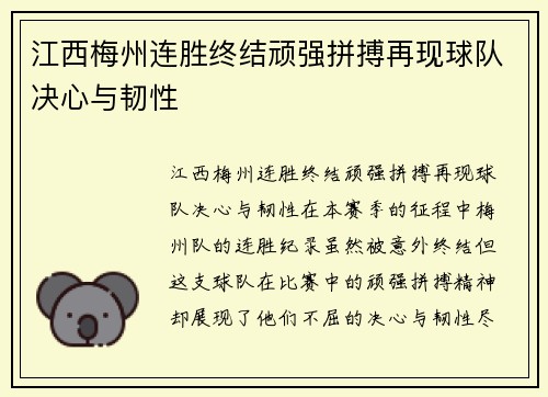 江西梅州连胜终结顽强拼搏再现球队决心与韧性
