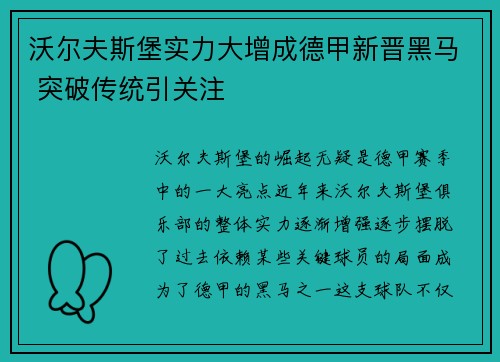 沃尔夫斯堡实力大增成德甲新晋黑马 突破传统引关注