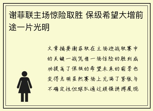 谢菲联主场惊险取胜 保级希望大增前途一片光明