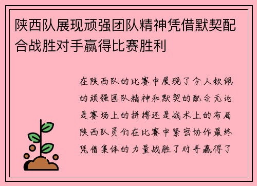 陕西队展现顽强团队精神凭借默契配合战胜对手赢得比赛胜利